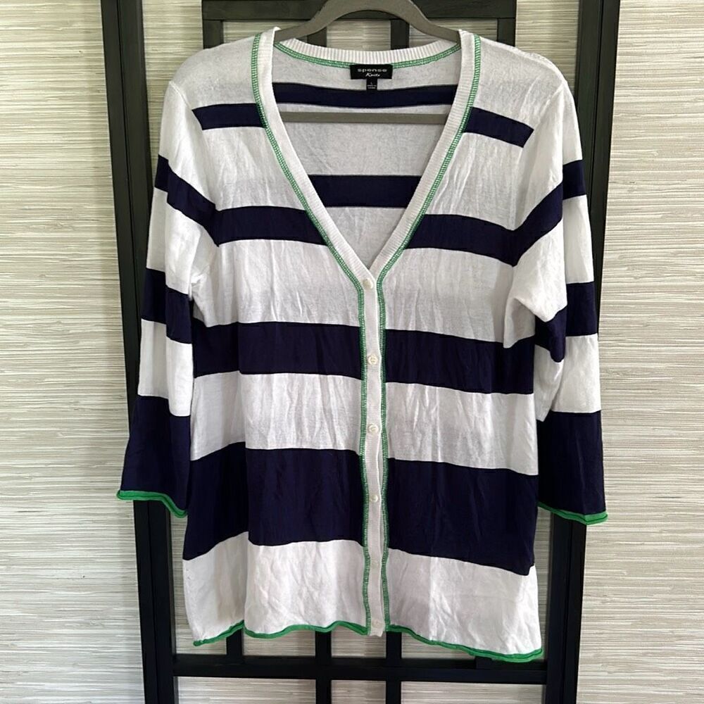 Spense knits navy and white cardigan sweater size L
